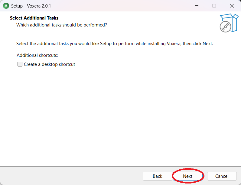 Select Additional Tasks with optional desktop shortcut and Next highlighted.