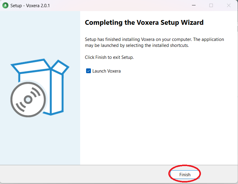 Completing the Voxera Setup Wizard with Launch Voxera checked and Finish highlighted.
